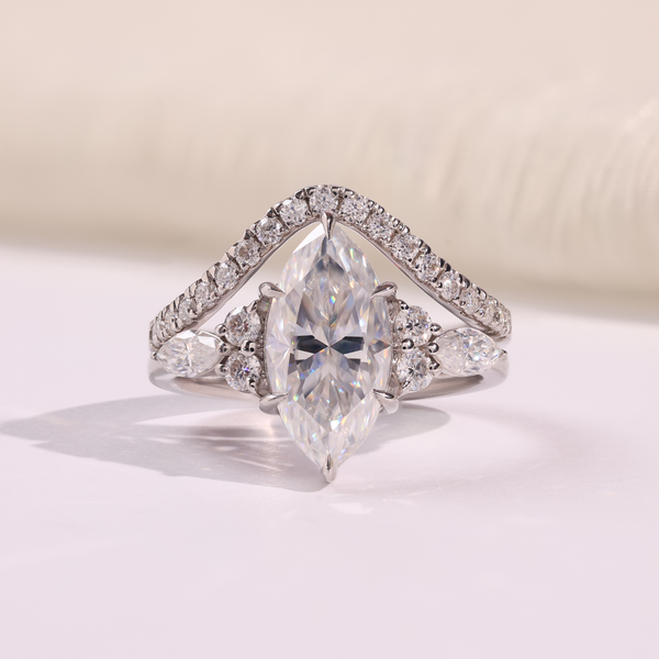Marquise Diamond Engagement Ring with Double Chevron Diamond Band