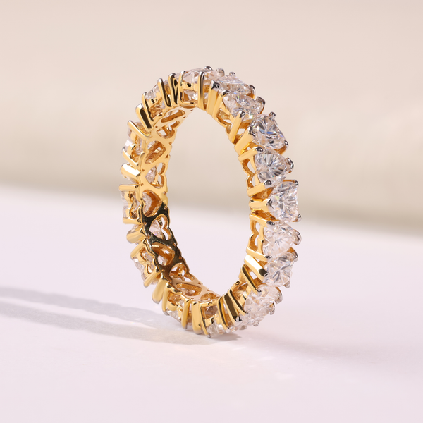 Round Diamond Eternity Wedding Band with Sunburst Gold Setting