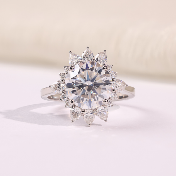 Round Diamond Halo Engagement Ring with Pear Accent Stones