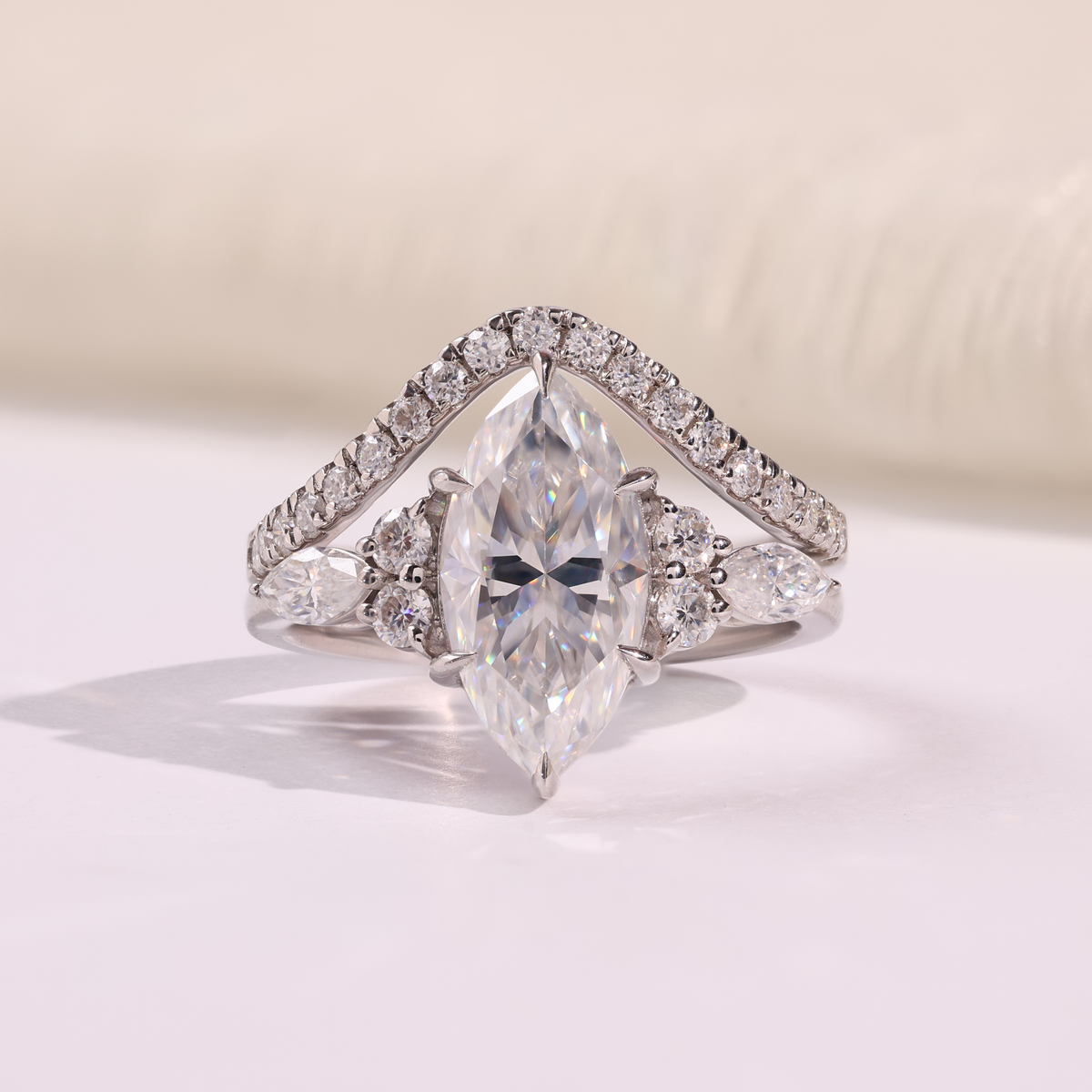 Marquise Diamond Engagement Ring with Double Chevron Diamond Band