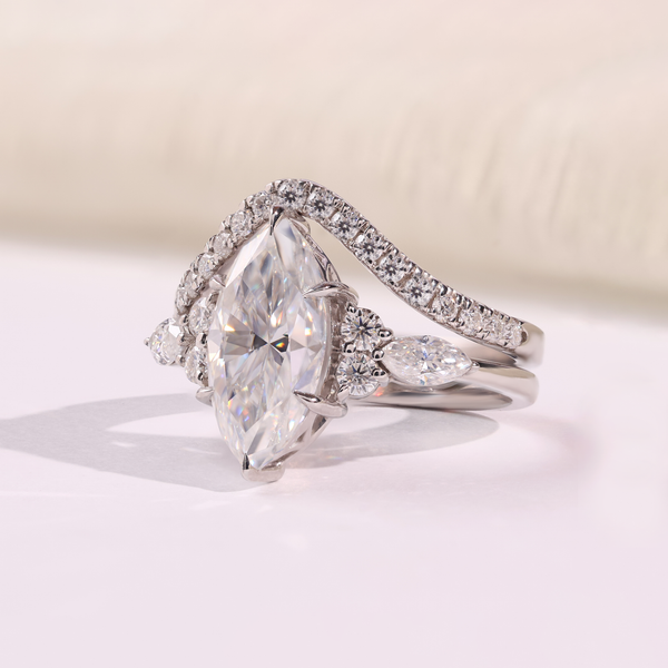 Marquise Diamond Engagement Ring with Double Chevron Diamond Band